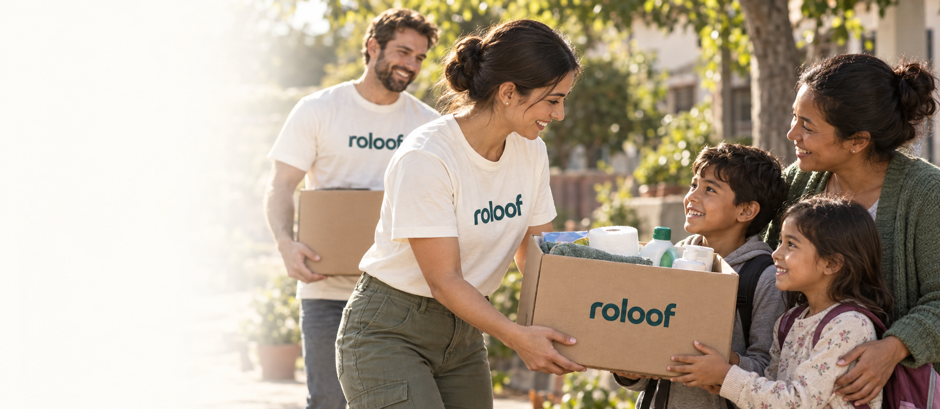 ROLOOF brand illustration of volunteers sharing everyday essentials with a family