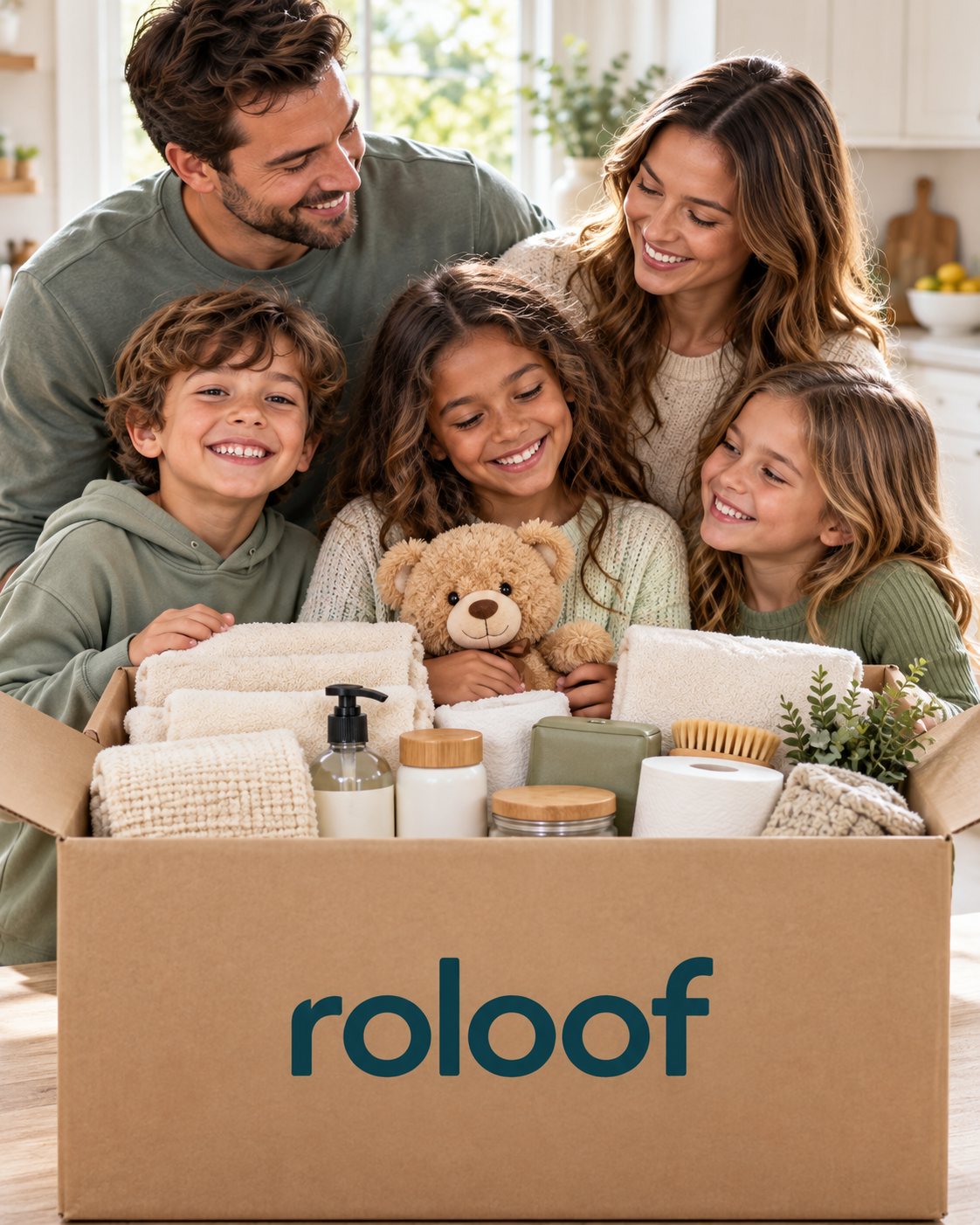 Illustrative ROLOOF family care scene with a box of household essentials