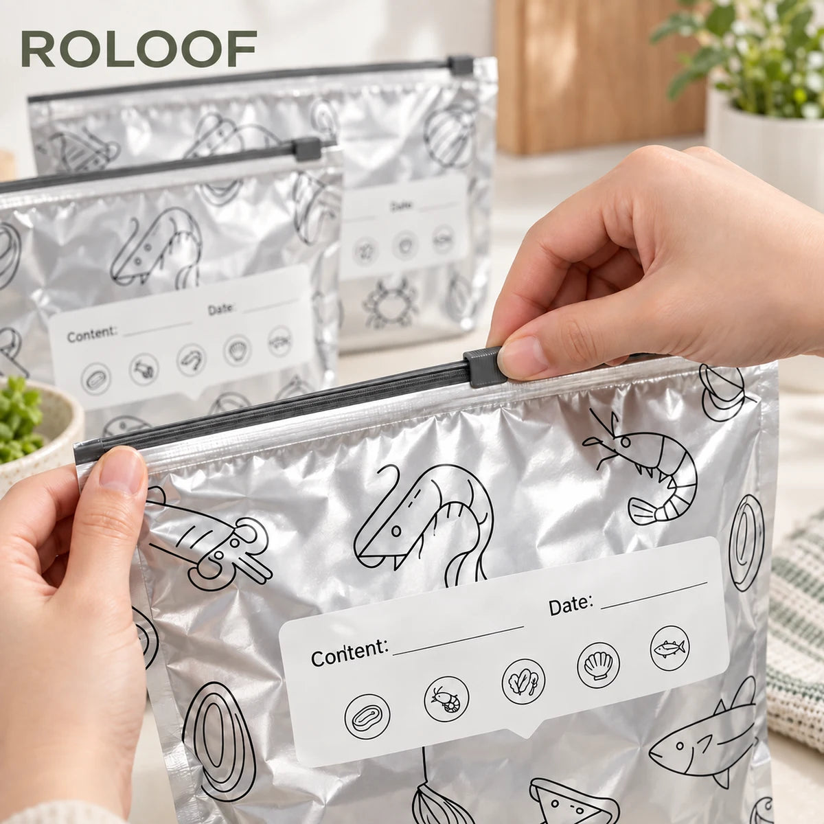 Black slider zipper on a silver foil storage pouch