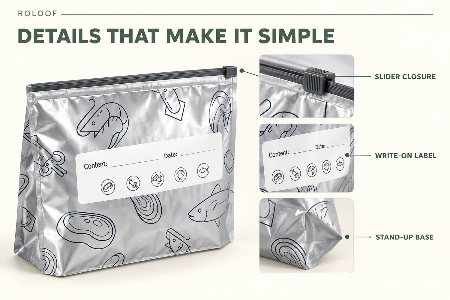 Product details showing the slider closure, write-on label and stand-up base