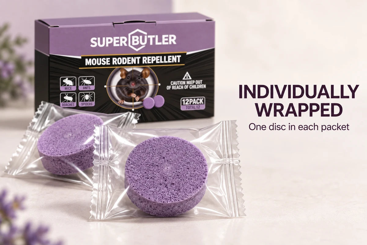 Close-up of individually wrapped purple repellent discs