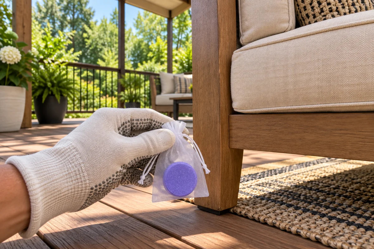Purple disc in a translucent sachet held beside a covered patio chair