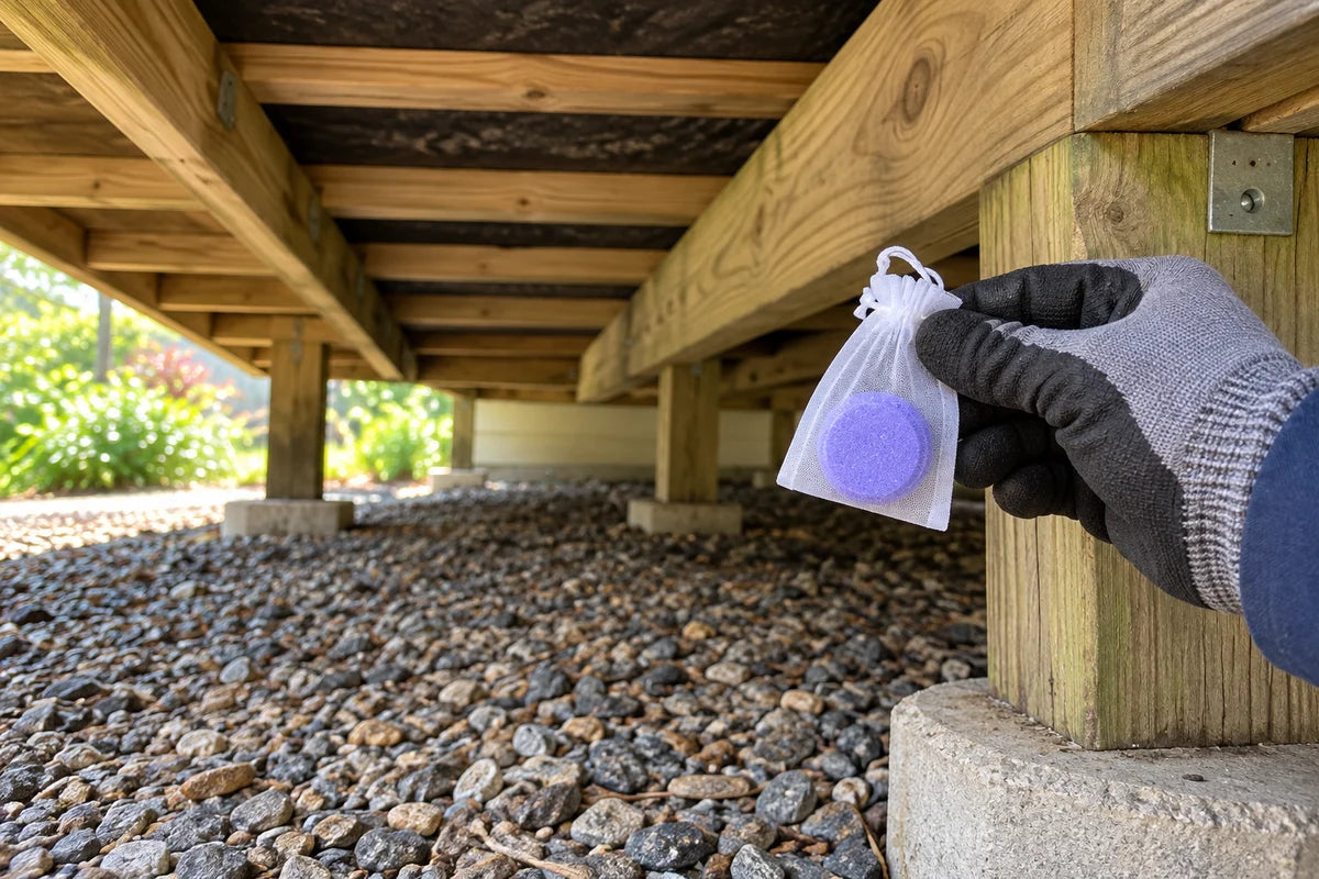 Purple disc in a white sachet shown beneath an outdoor wooden deck