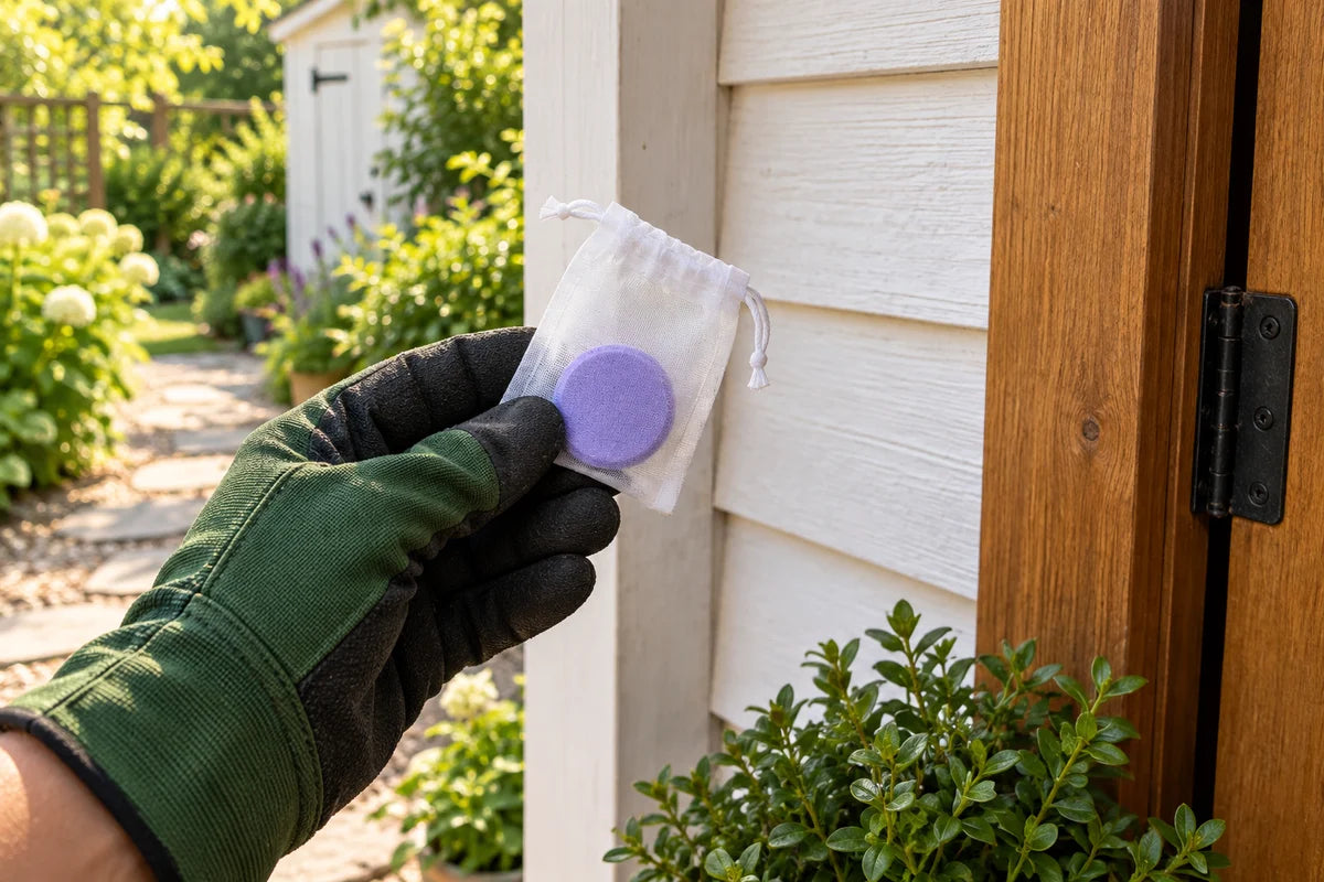 Purple disc in a translucent sachet near an exterior door with garden beyond