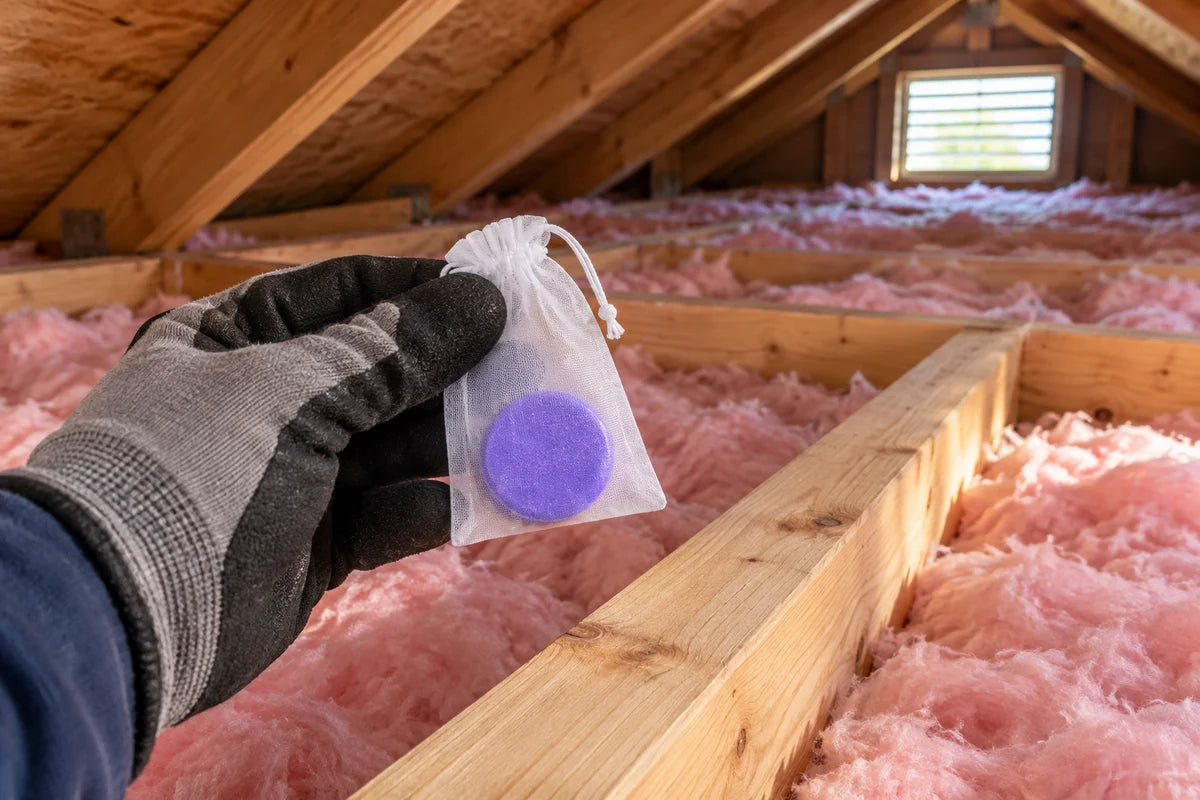 Gloved hand holding a purple disc in a white sachet in an attic
