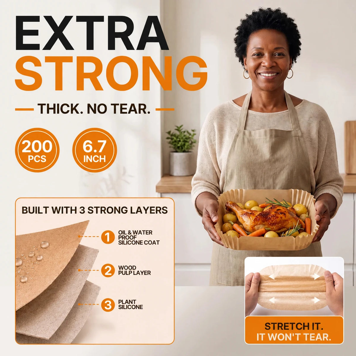 ROLOOF Air Fryer Paper Liners — 200 Pack, 6.7 Inch