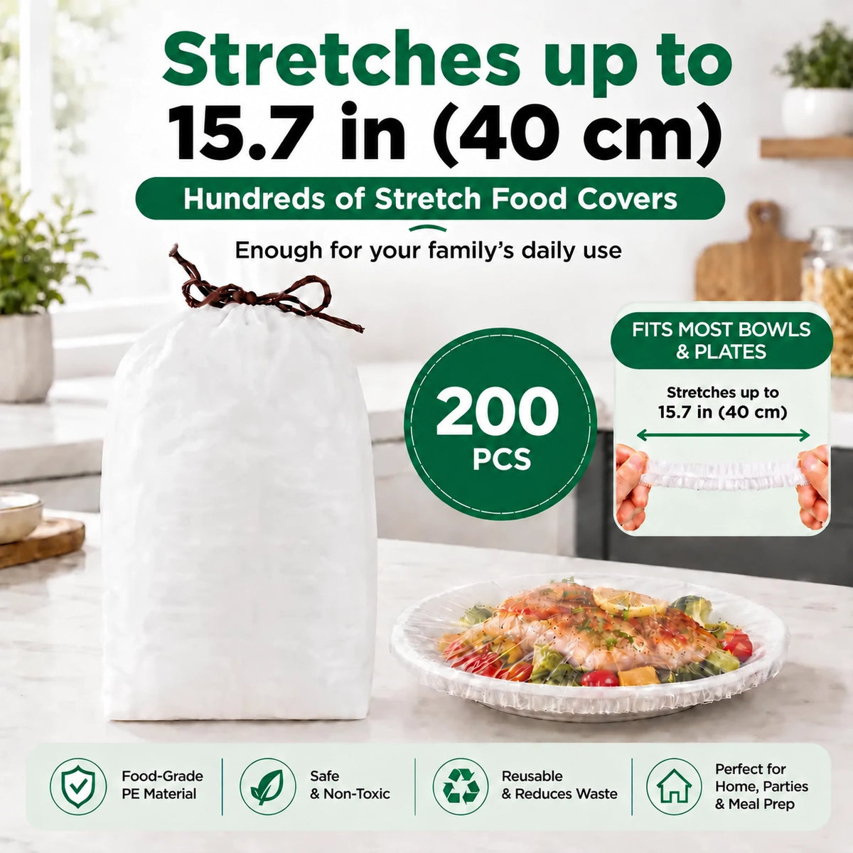 ROLOOF Disposable Stretch Food Covers — 200 Pack