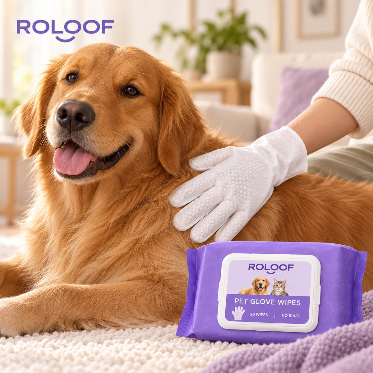 ROLOOF No-Rinse Pet Glove Wipes — 20 Pack