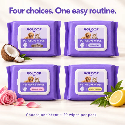 ROLOOF No-Rinse Pet Glove Wipes — 20 Pack