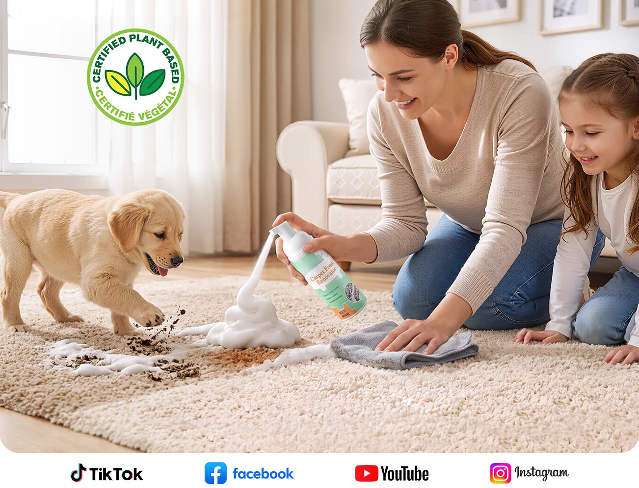 Carpet foam cleaning in a family living room