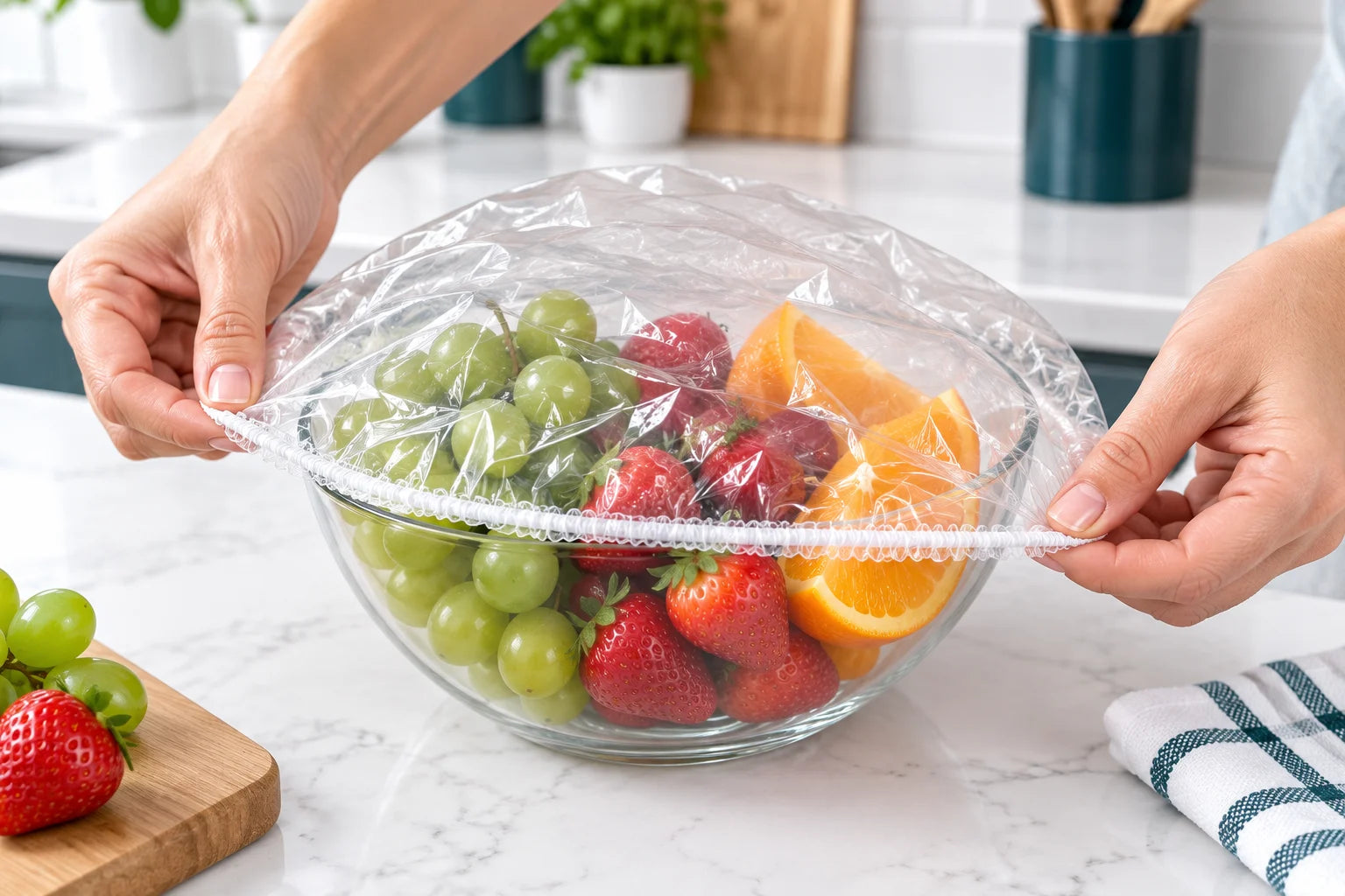 Hands stretching a clear elastic food cover over a fruit bowl
