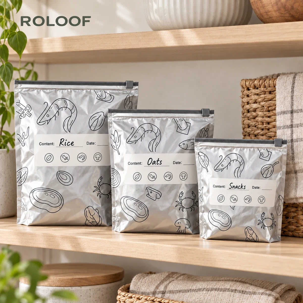 Three foil pouch sizes standing on a pantry shelf