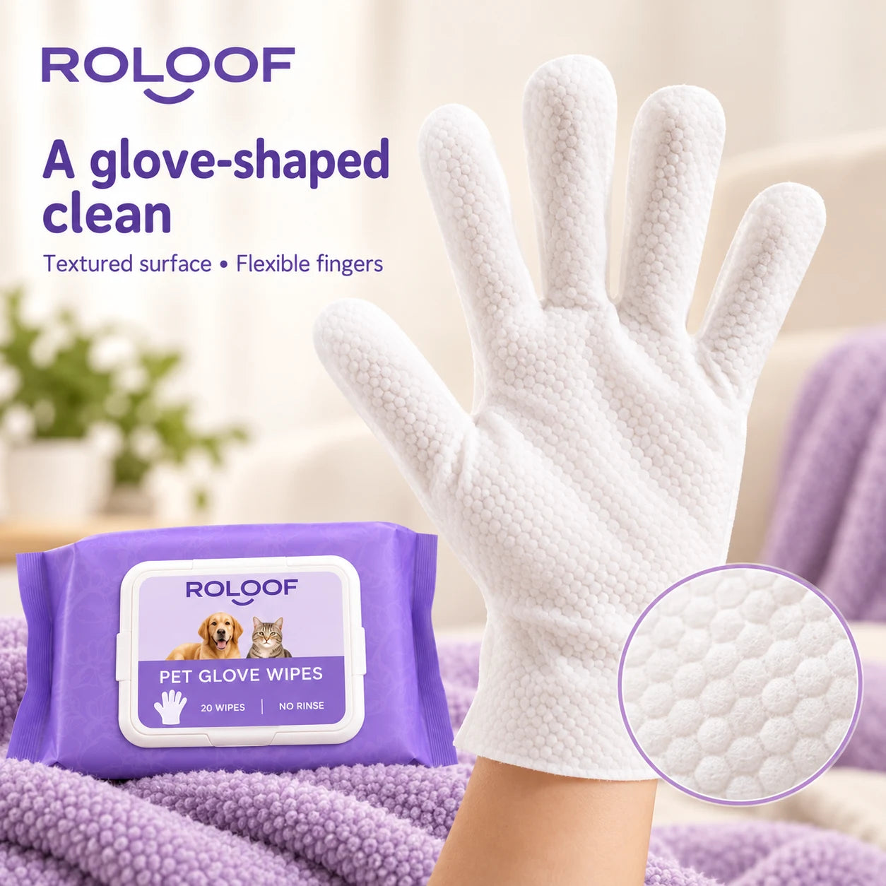 White textured five-finger pet cleaning glove with ROLOOF 20-wipe pack